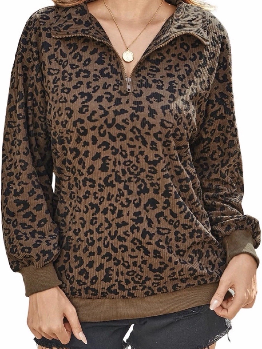 Women's Brown Leopard Print V-Neck Pullover Sweater